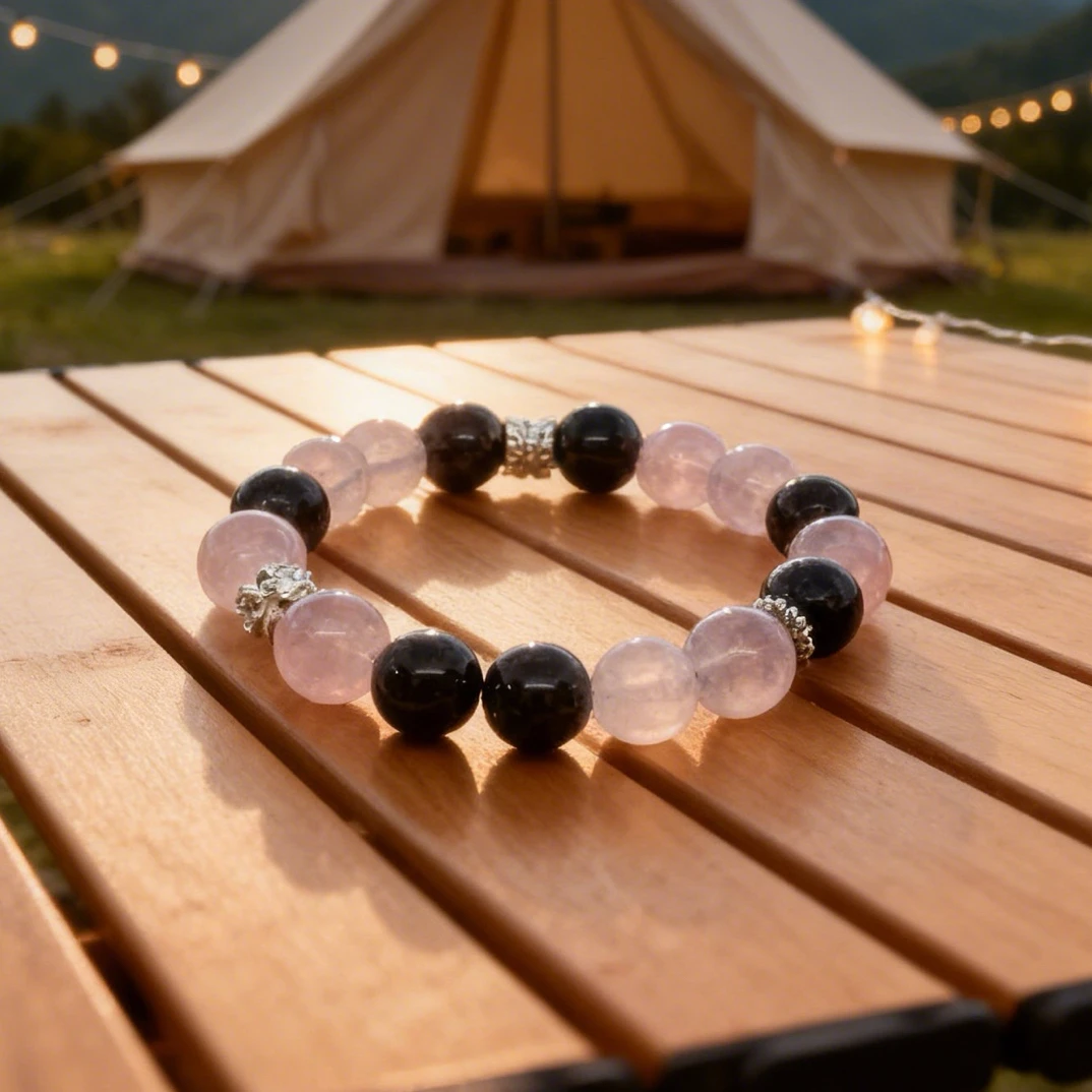 天然水晶原创设计粉水晶黑曜石优雅时尚手串手链