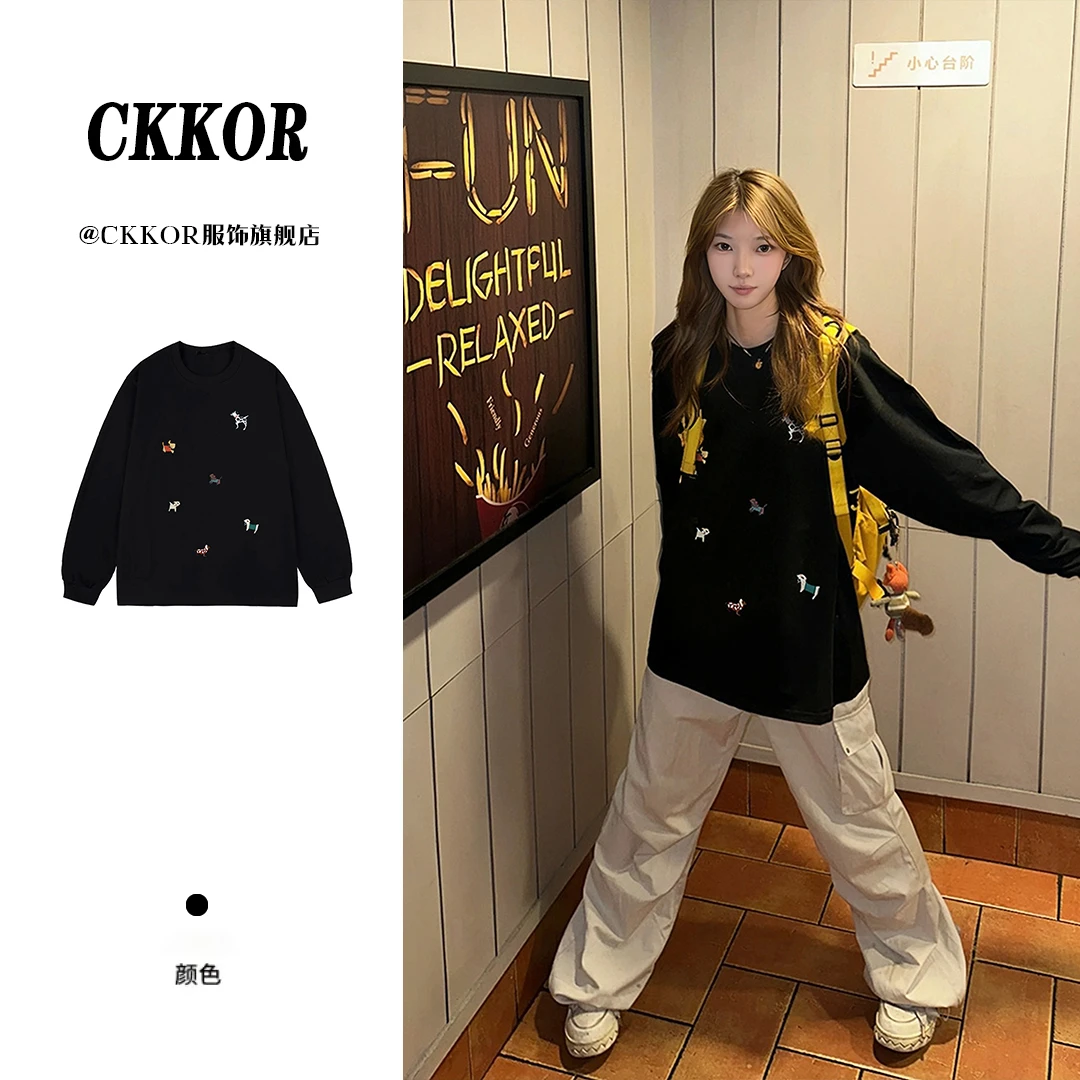 CKKOR秋季新款复古休闲圆领长袖t恤女时尚宽松显瘦慵懒风卡通上衣
