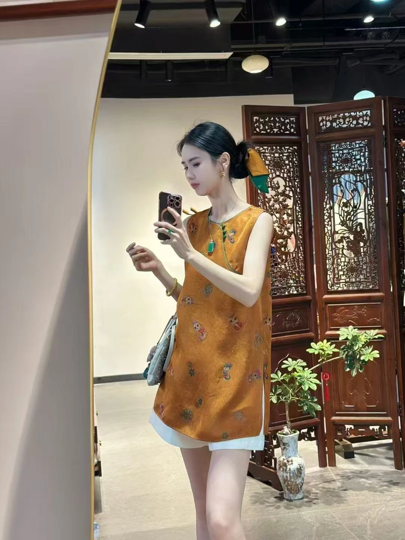 冰雪丝睡衣女夏季中国风斜门襟盘口旗袍款无袖上衣短裤套装家居服