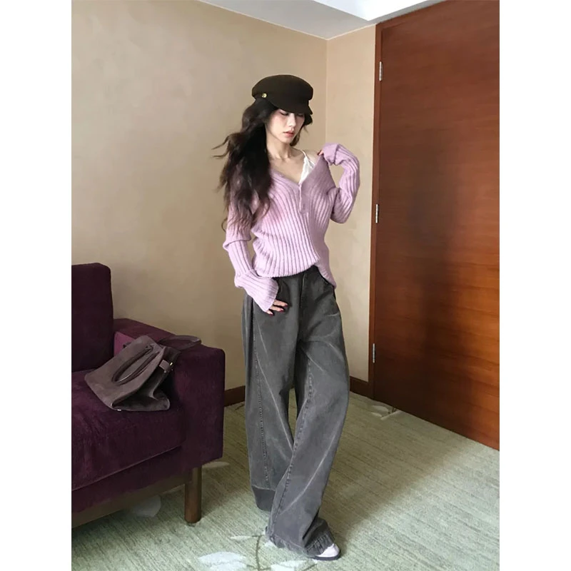小众设计款简约风修身显瘦网红穿搭针织上衣休闲宽松阔腿长裤套装