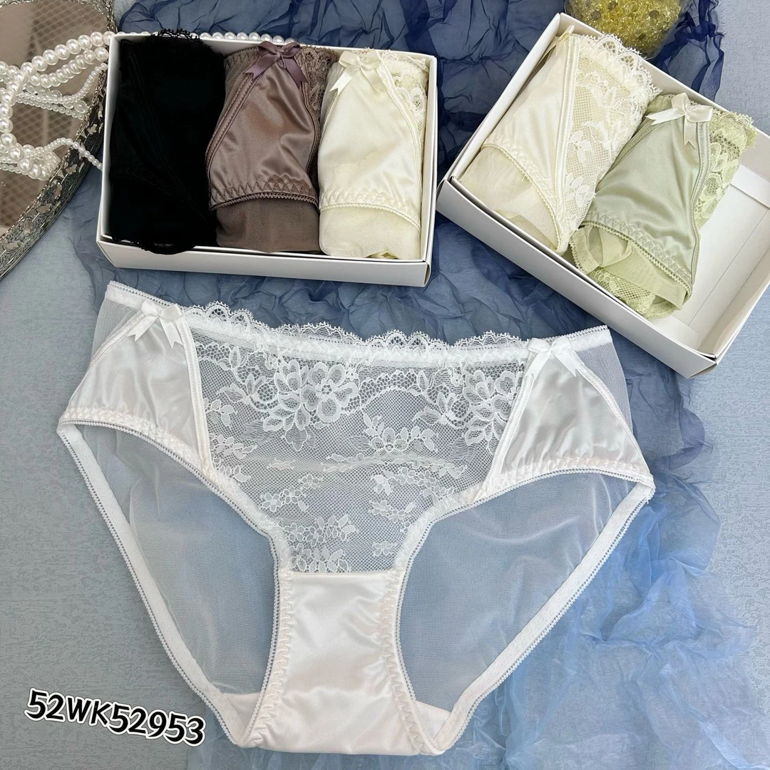 山茶物语52953缎面低腰蕾丝性感内裤包臀舒适透气三角内裤