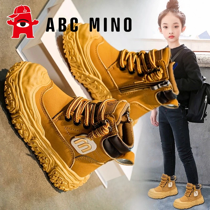 ABC MINO儿童靴子2025秋季新款女童百搭马丁靴中大童大黄皮靴女孩