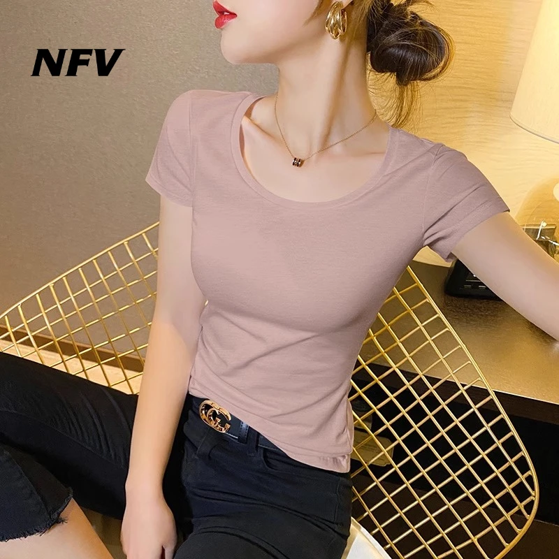 NFV莫代尔短袖t恤女夏季2025新款圆领黑色修身打底冰丝纯欲洋气上