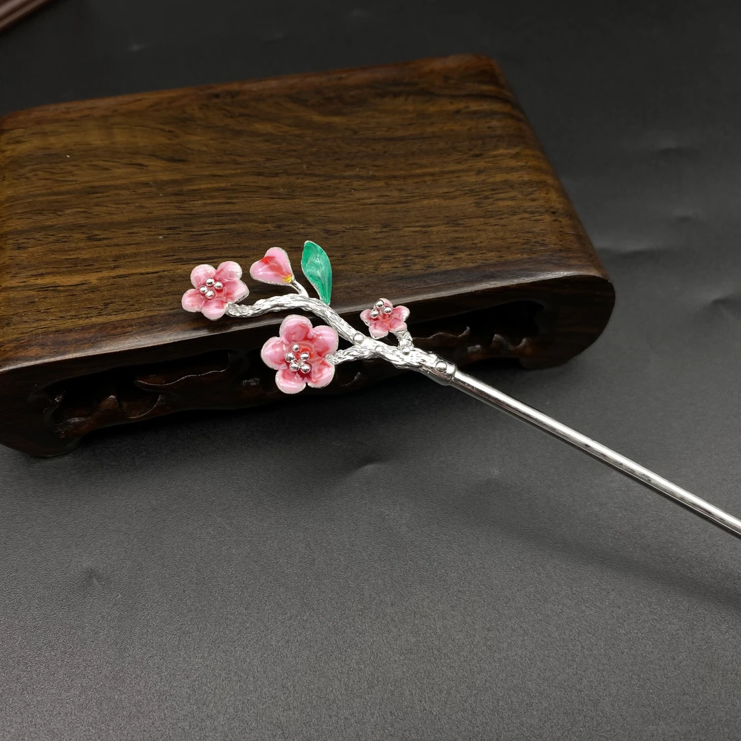 足银银制品 【桃红】足银手工新中式礼品发饰气质低温珐琅发簪