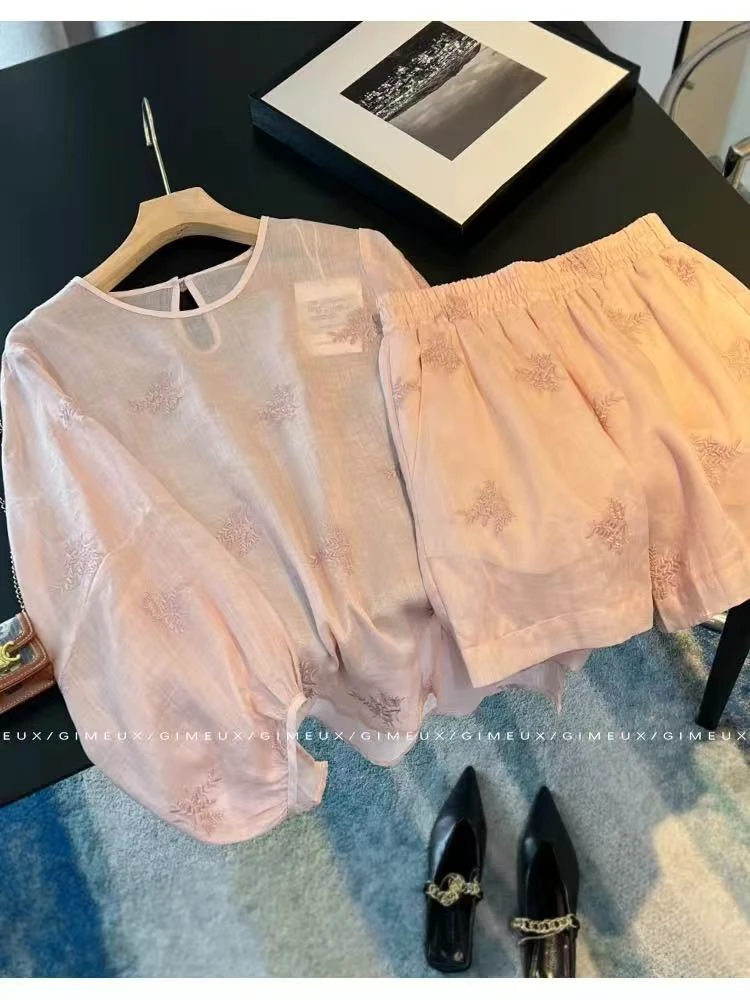 新中式国风女夏季套装2025新款法式长袖刺绣衬衫一整套穿搭