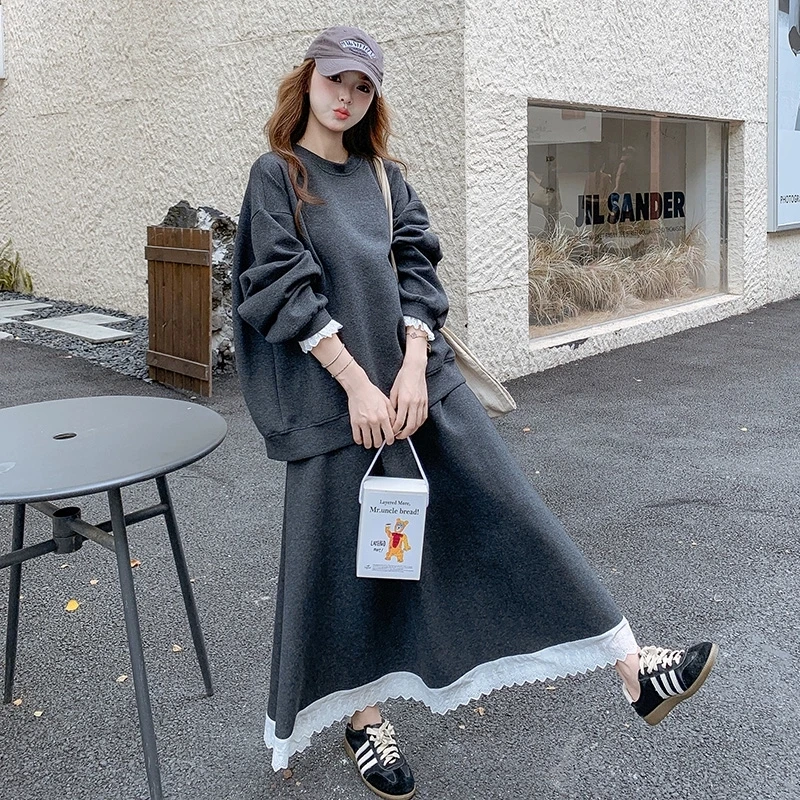 韩系独特漂亮套装裙深灰色蕾丝边卫衣半裙两件套女秋秋季裙子秋冬