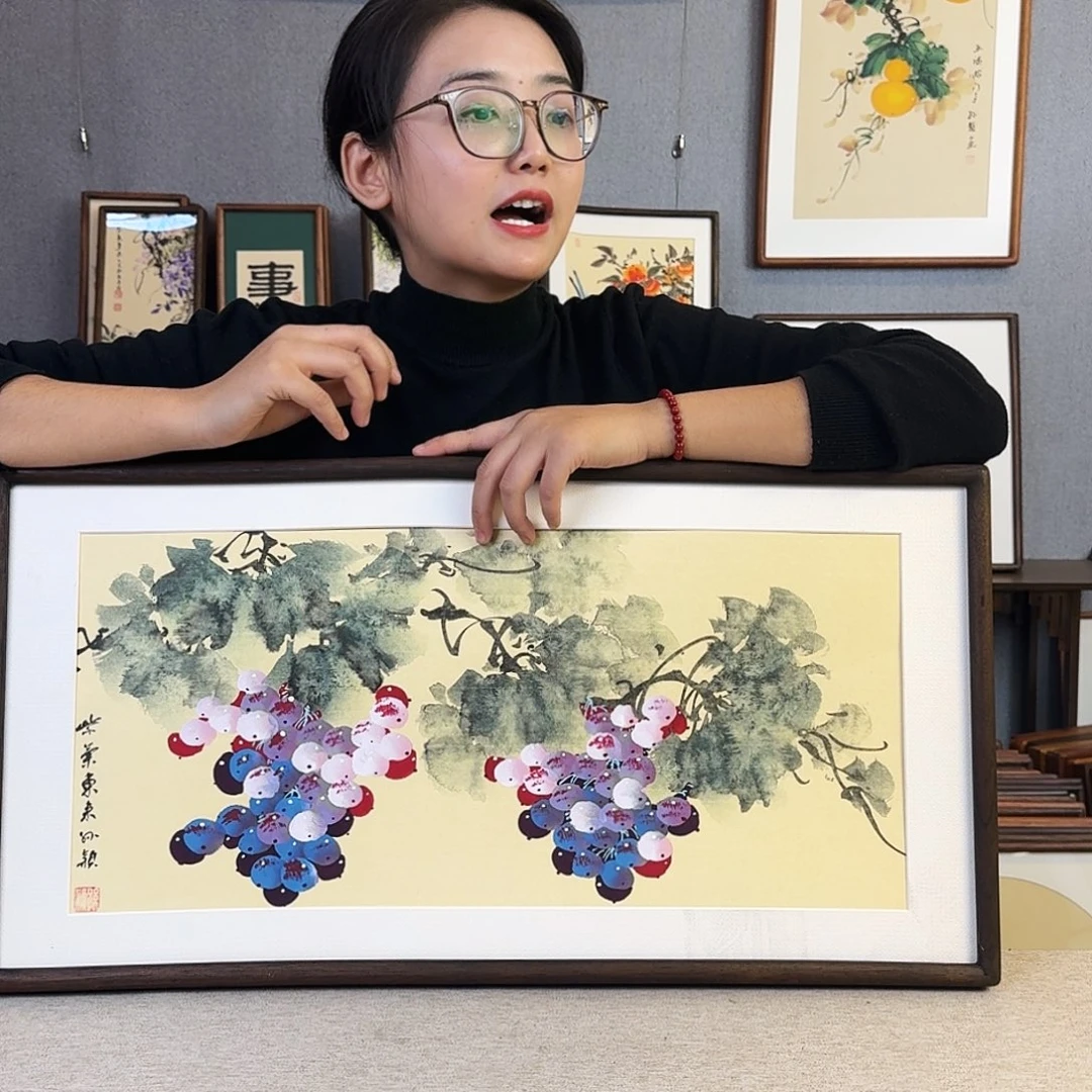 国画纯手绘，纯手写带框尺寸：36×69厘米