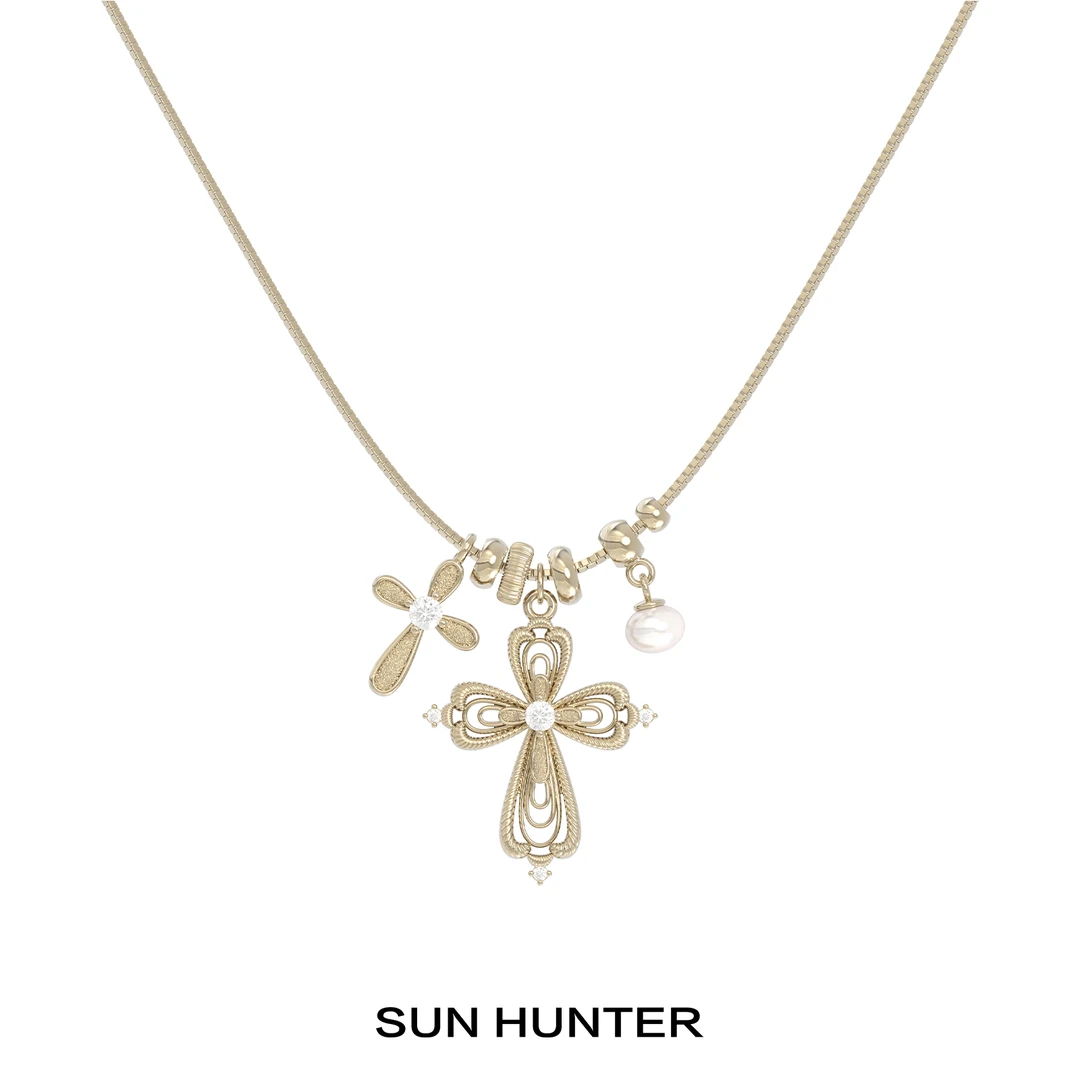 铜合金项链 三横SUN HUNTER「蕾丝微光」原创多吊坠十字架复古项链