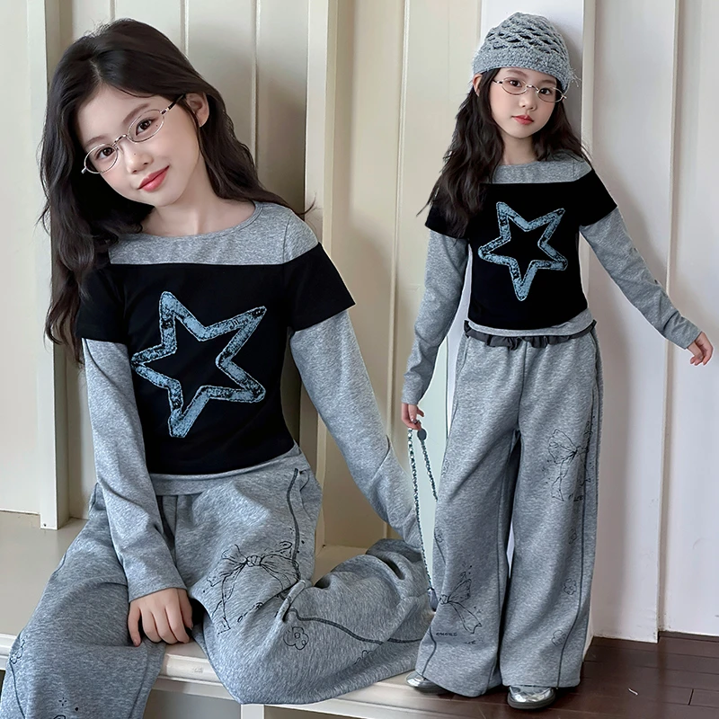 女童秋装休闲套装2025新款韩版洋气女孩春秋长袖t恤阔腿裤两件套