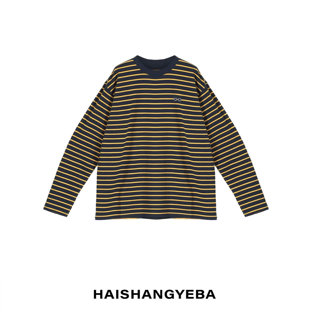 【海上叶爸】新款2025春秋百搭棉圆领宽松通勤条纹长袖T恤