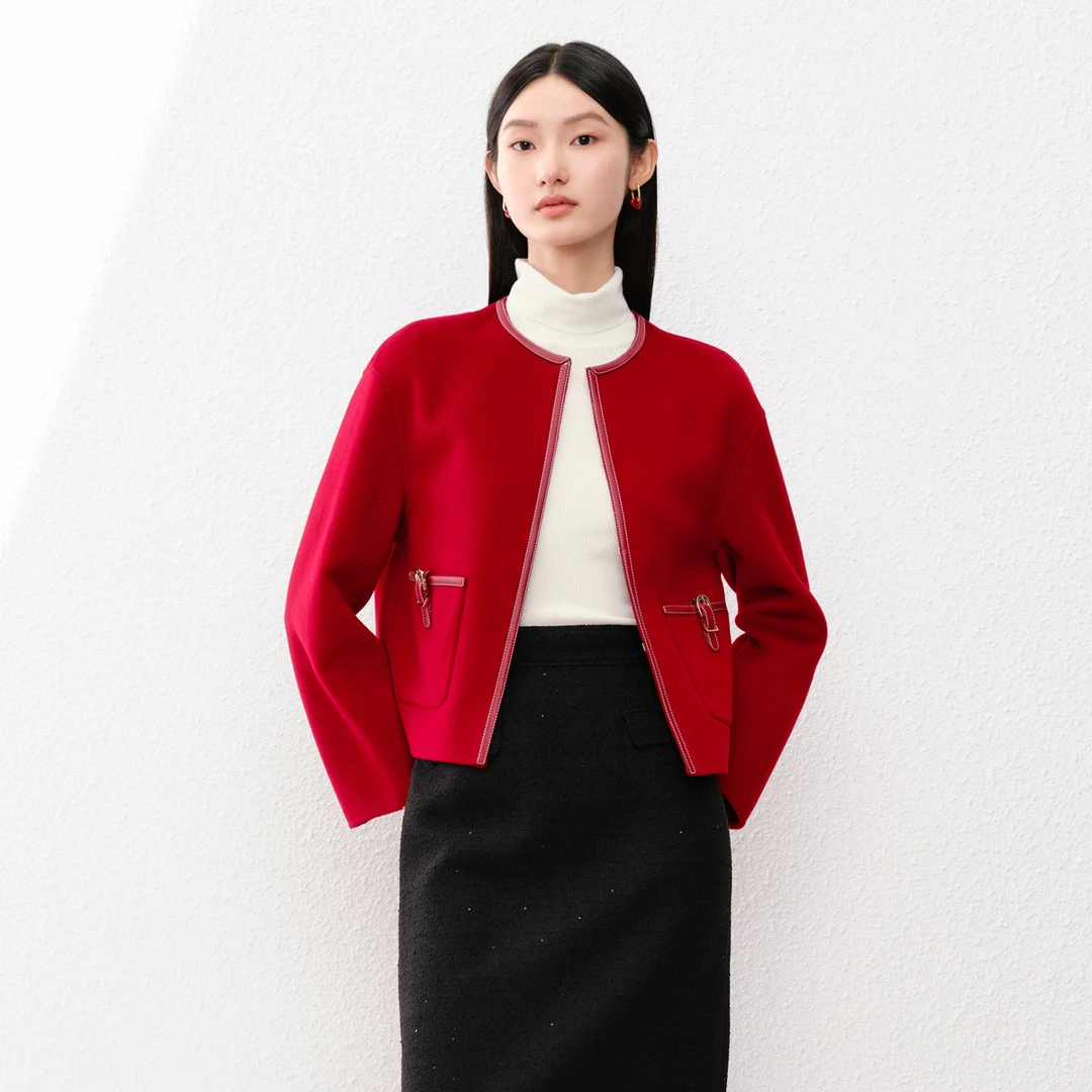 【安雅专属】时尚通勤拼接皮革羊毛外套女CB00240D2/CB00242W0