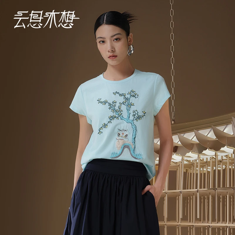 Ysimo-X云思木想 狮跃花开 潮流舒适珠绣莱赛尔麻圆领T恤12926