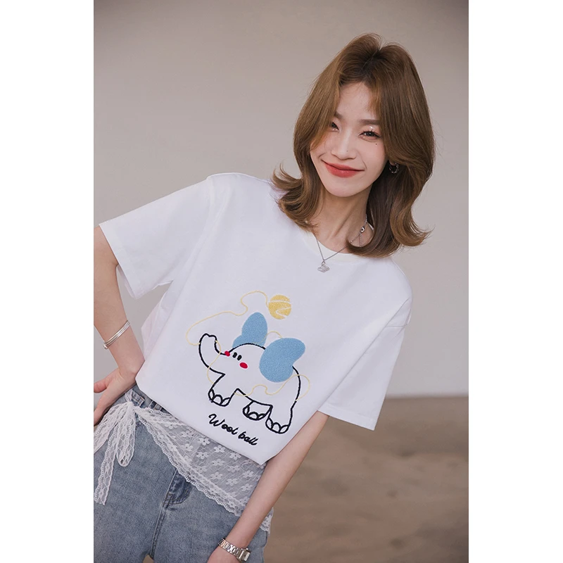 小谷粒短袖t恤女2025年夏季新款设计感毛巾绣宽松圆领纯棉上衣