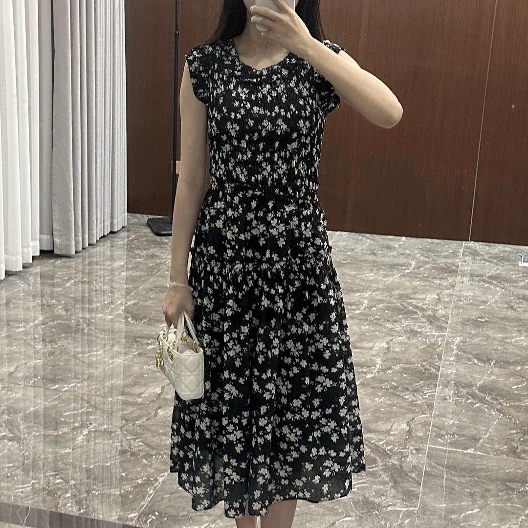 【约会玫瑰岛】度假风时尚复古气质碎花南油荷叶边无袖连衣裙-293