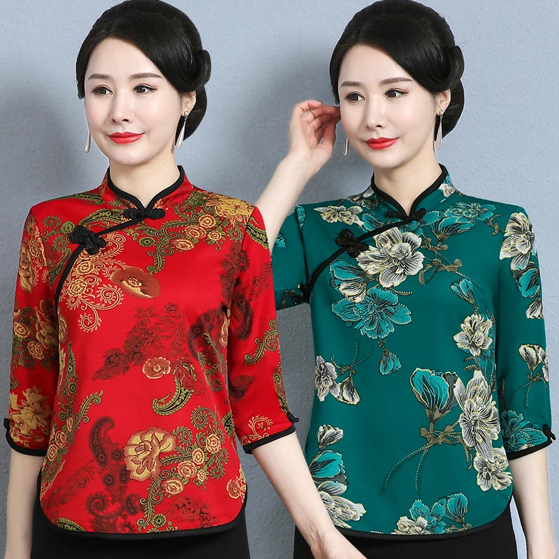 妈妈装七分袖T恤改良旗袍领上衣显瘦中年女装复古洋气质打底衫薄