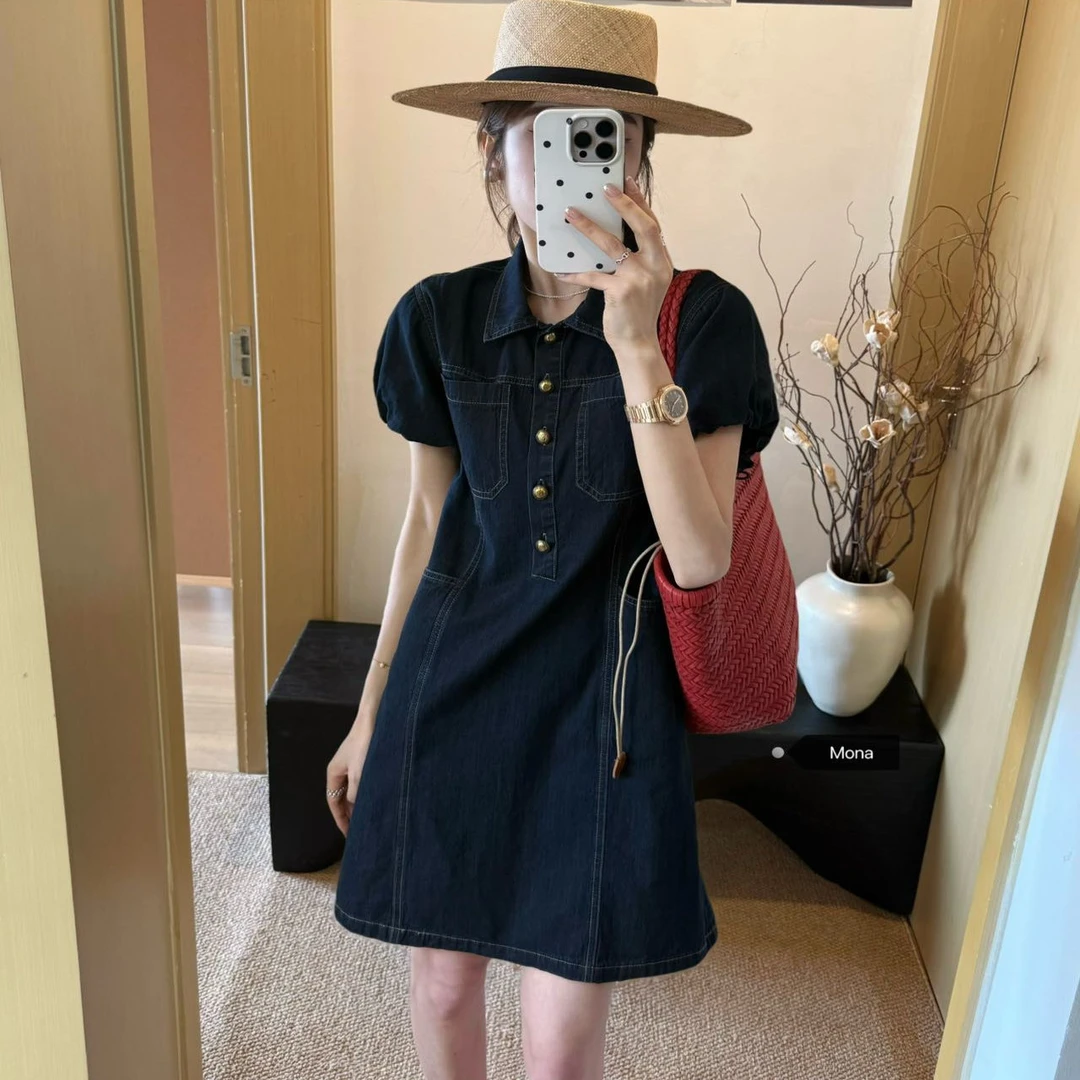 高级感薄款牛仔连衣裙2025夏季新款港风复古休闲减龄裙子