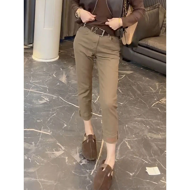 2025大码小个子高腰弹力显瘦烟管裤女秋季新款时尚百搭直筒牛仔裤