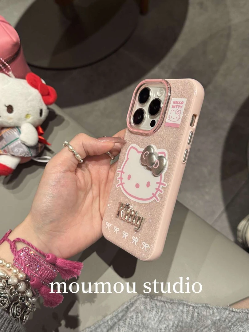 闪粉kitty猫咪蝴蝶结适用iphone16promax手机壳苹果15卡通14/13套