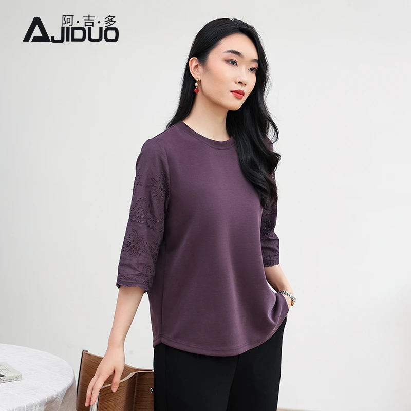 A21502阿吉多紫色七分袖t恤女2025新款秋季镂空绣花圆领大码上衣