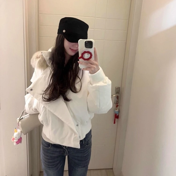 美式复古毛领白色短款羽绒棉服女冬季新款设计感保暖加厚连帽外套