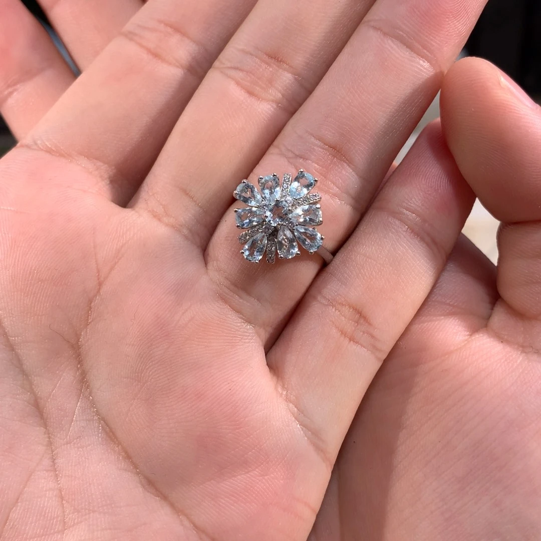 银S925镶嵌戒圈海蓝宝石