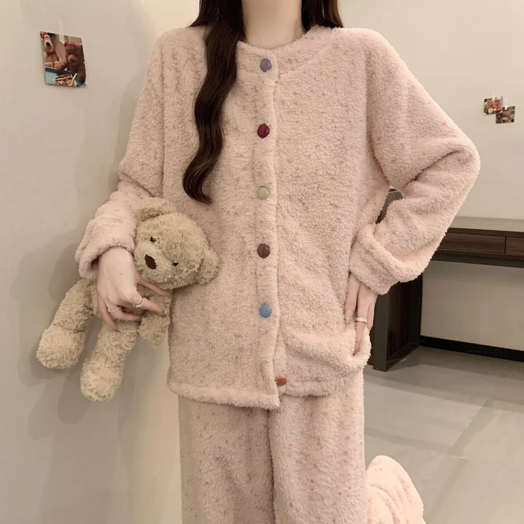 甜美初恋粉睡衣女款冬季半边绒加厚加绒保暖珊瑚绒长袖长裤家居服