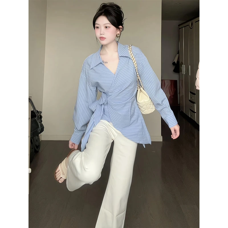韩系蓝色条纹绑带翻领长袖衬衫女秋季新款修身上衣显瘦白色裤子