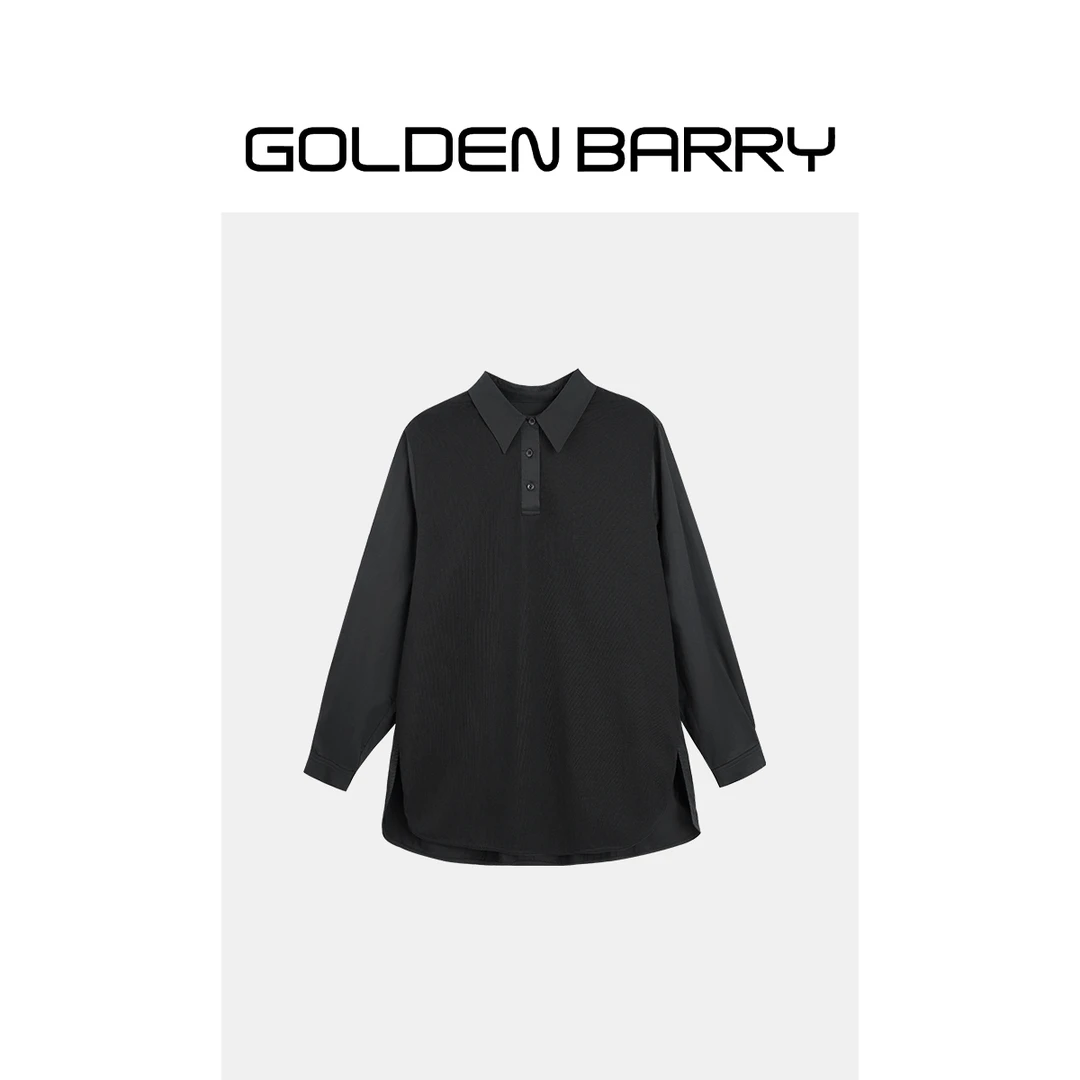 GOLDENBARRY|212472洋气宽松经典简约翻领拼接时尚感小众衬衣长袖
