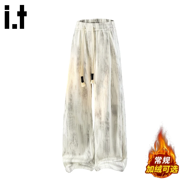 it :CHOCOOLATE加绒加厚休闲裤男士秋冬新款潮牌扎染宽松阔腿裤子