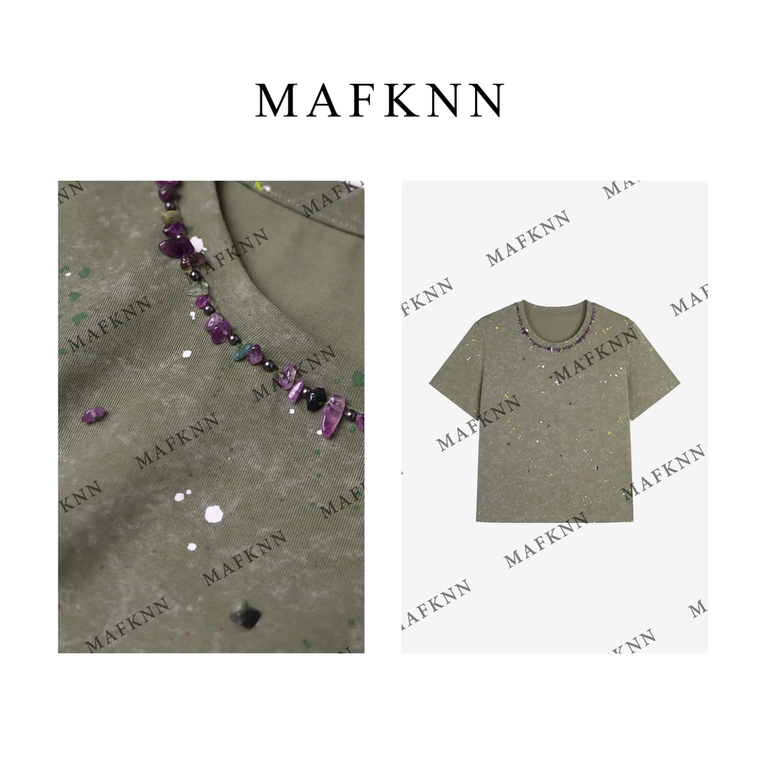 MAFKNN/玛肯时尚休闲简约纯色百搭圆领亮晶晶短袖T恤MK12176