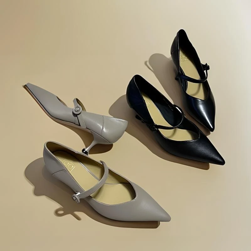 ZOORTTAR春夏新软优质羊皮细跟浅口复古百搭一字扣带淑女鞋61990