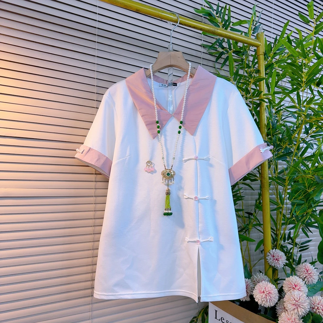 2572胖mm欧货时尚品牌翻领设计感开衩盘扣挽袖经典气质显瘦百搭衫