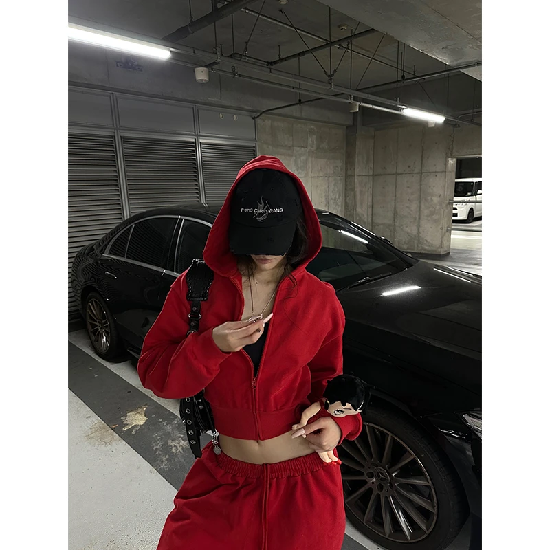 芊喜Studio红色连帽卫衣辣妹短款开衫运动洋气外套抽绳卫裤套装