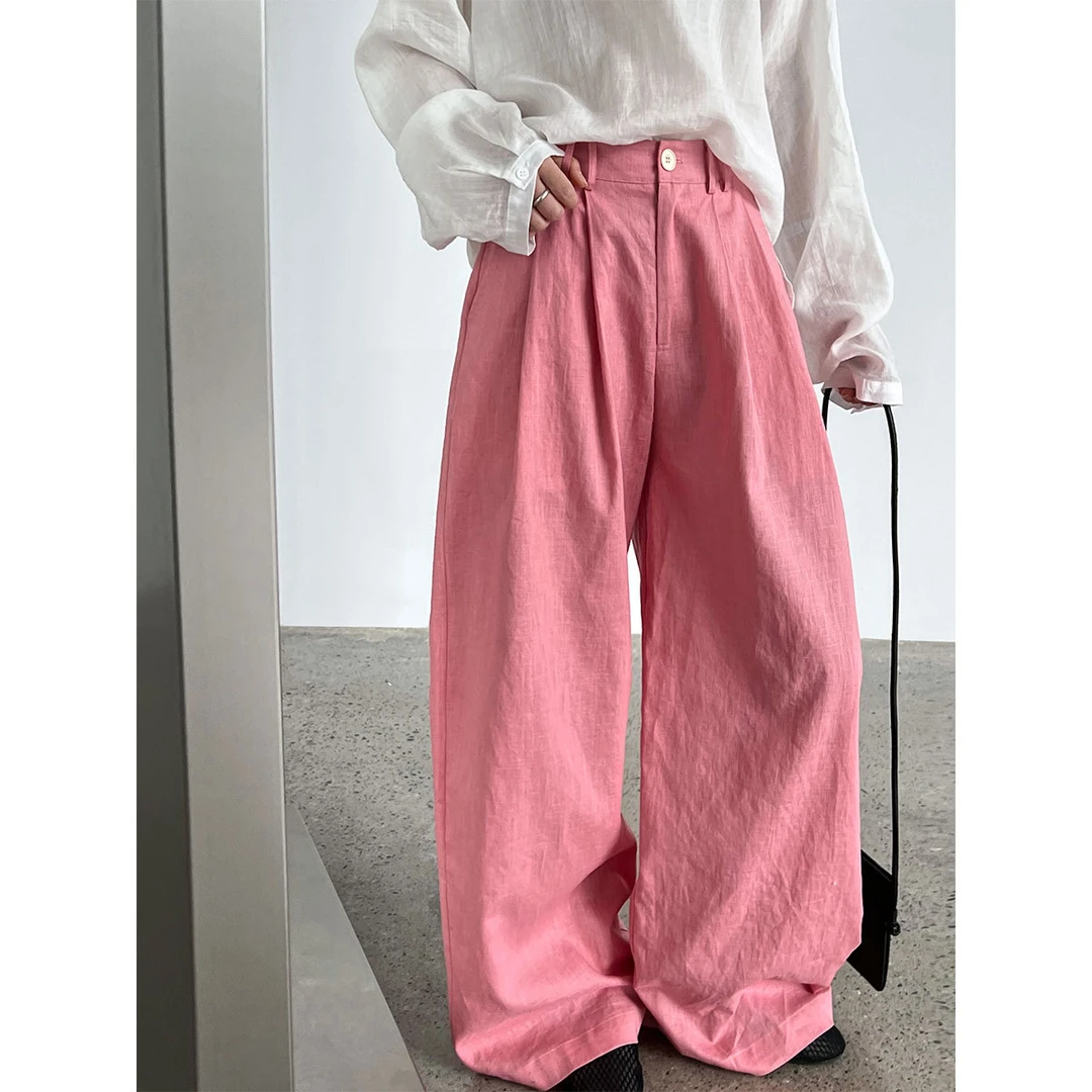 鹿西韩版亚麻薄款阔腿裤女夏季新款高腰宽松显瘦慵懒感直筒裤5109