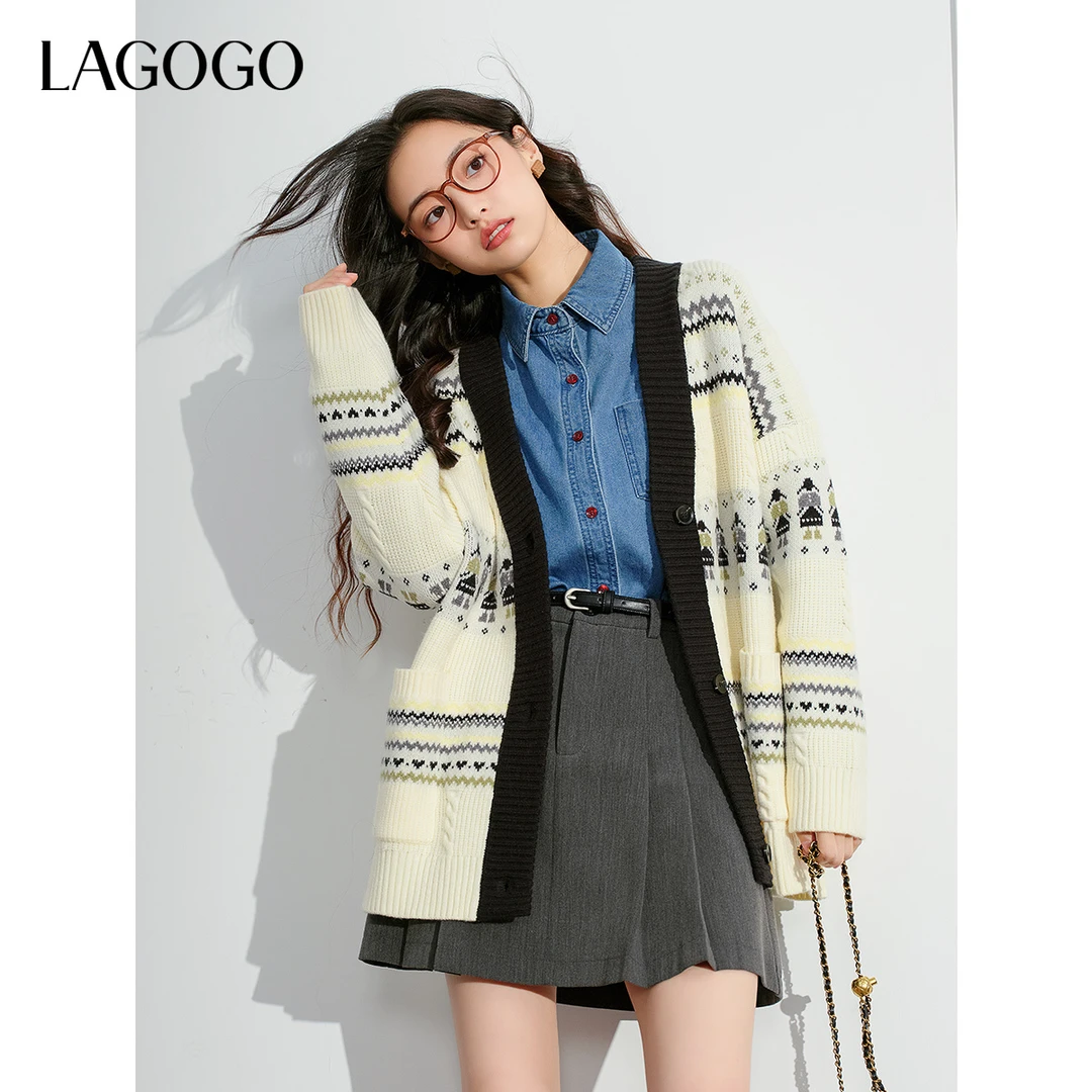 【芋总专属】lagogo新款V领宽松慵懒提花针织衫女NCMM878G32