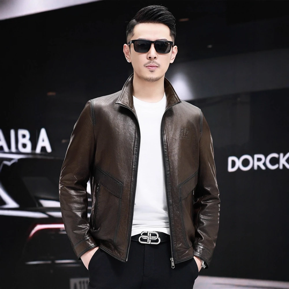 品质新款真皮皮衣男士牛皮小翻领短款海宁皮夹克帅气休闲春秋外套