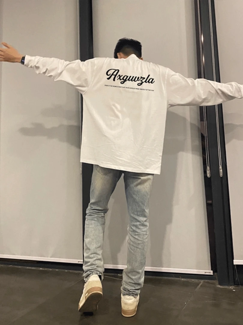 美式高街字母秋季纯棉重磅圆领T恤男ins潮牌设计感宽松长袖打底衫