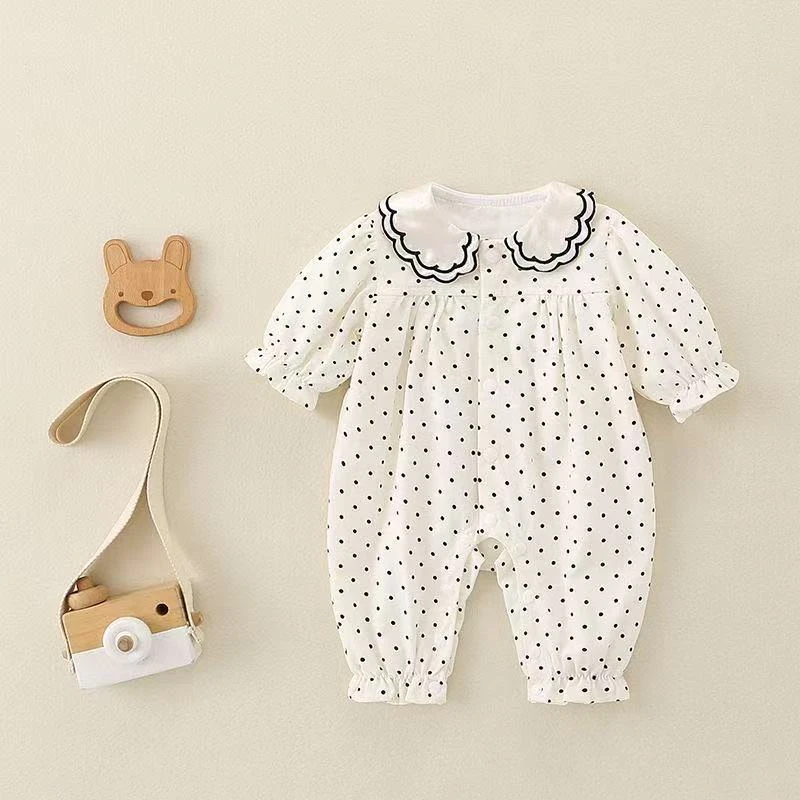 婴幼儿春秋波点哈衣小月龄百天周岁爬服外出服新生儿女宝宝连体衣