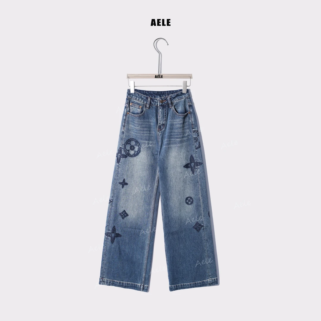 AELE【星空四叶】设计感刺绣烫钻宽松阔腿牛仔裤直筒裤K853 2605 AD