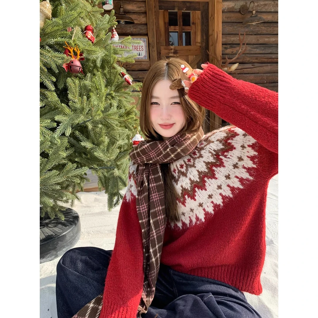 费尔岛毛衣内搭女秋冬可外穿高级感红色精致针织衫独特漂亮小衫