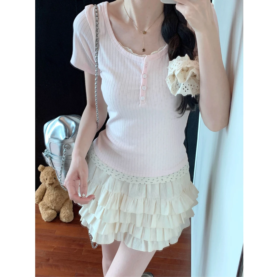 碎花蕾丝花边短袖t恤女装夏季2025新款假两件纯欲辣妹bm正肩上衣