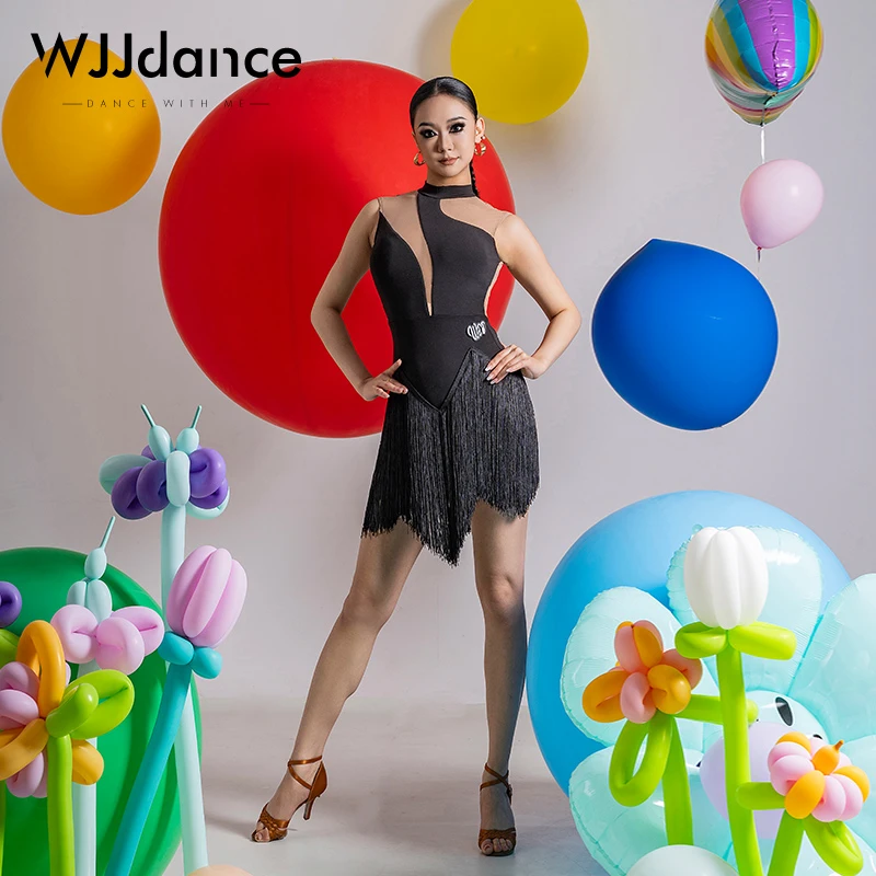 WJJdance拉丁舞流苏连衣裙女2025新款立领网纱拼接露背国标练功服
