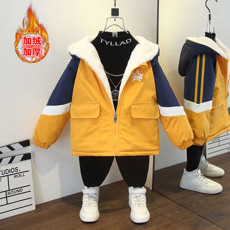 男童2025冬装新款韩版时尚撞色字母印花宽松连帽外套女童加绒