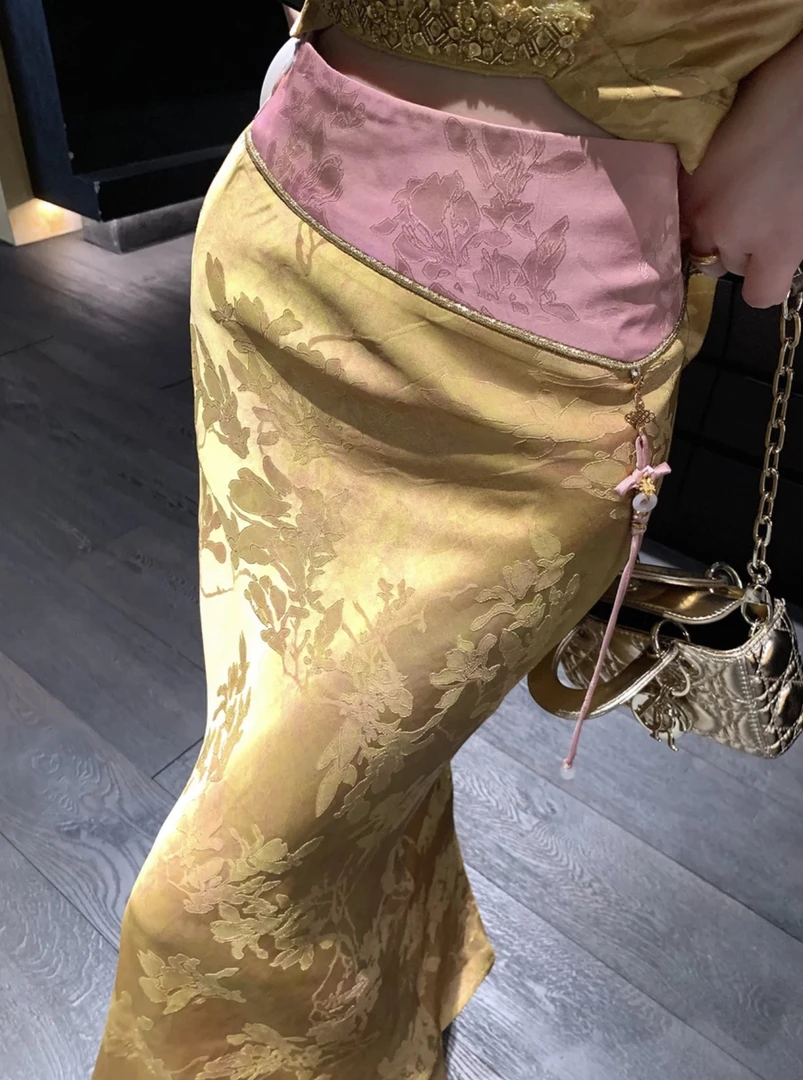 3779新中式飘带高腰半身裙