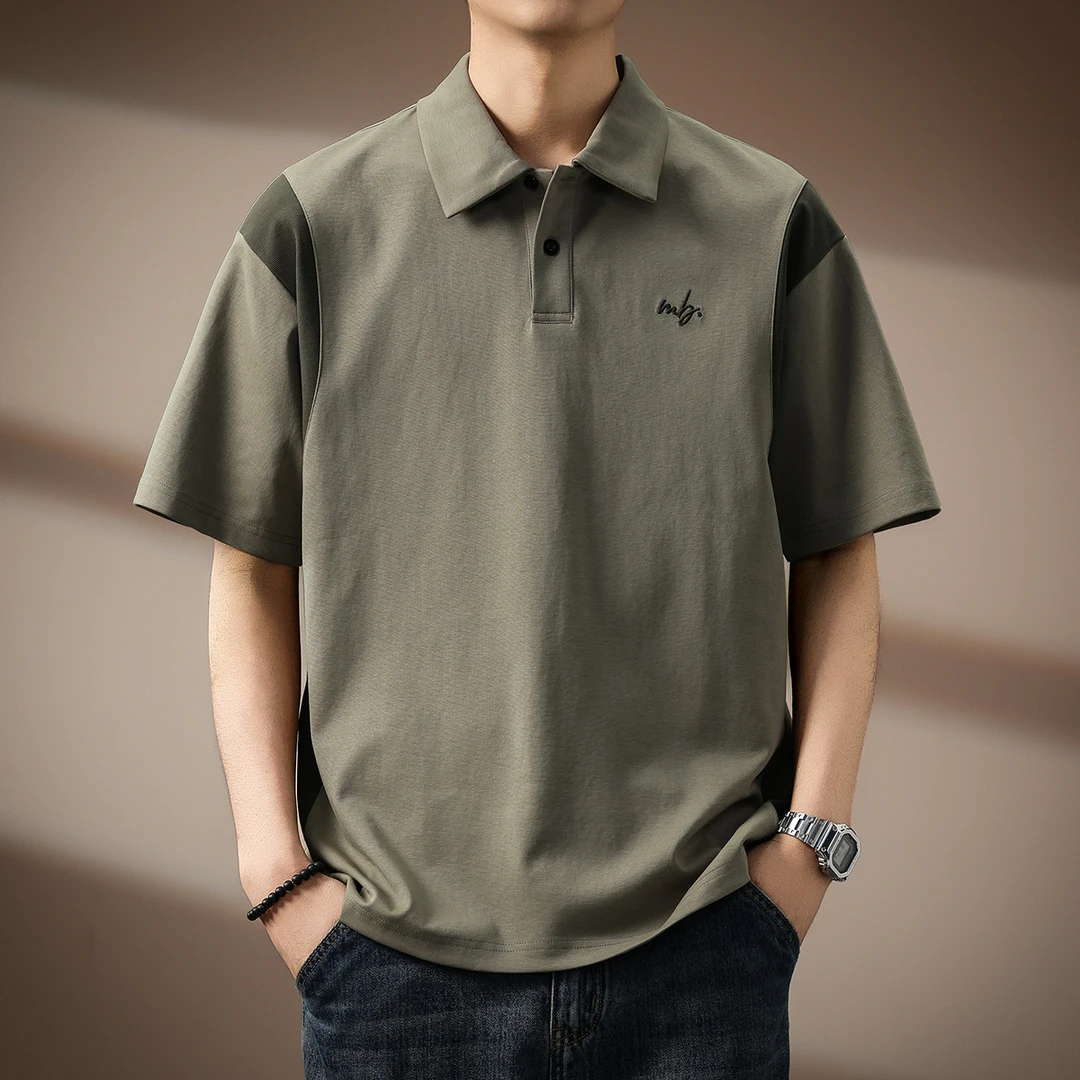 卡因耶查高端撞色拼接设计感短袖Polo衫男士夏季宽松翻领T恤半袖