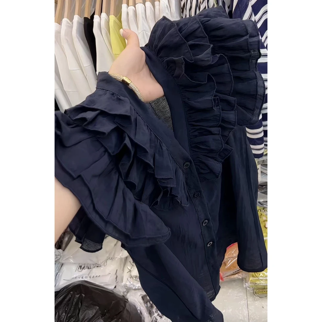 【现货】今年流行穿搭2025夏季新款荷叶边拼接褶皱衬衫减龄短袖上衣