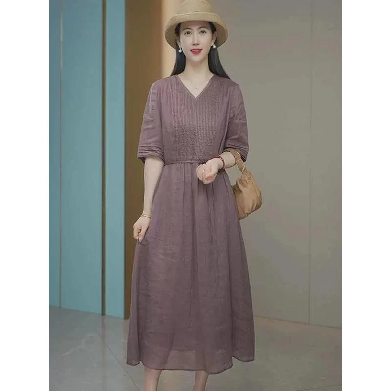 哥弟阿玛施正品哥弟阿玛施正品品高级感气质V领亚麻连衣裙女夏季2