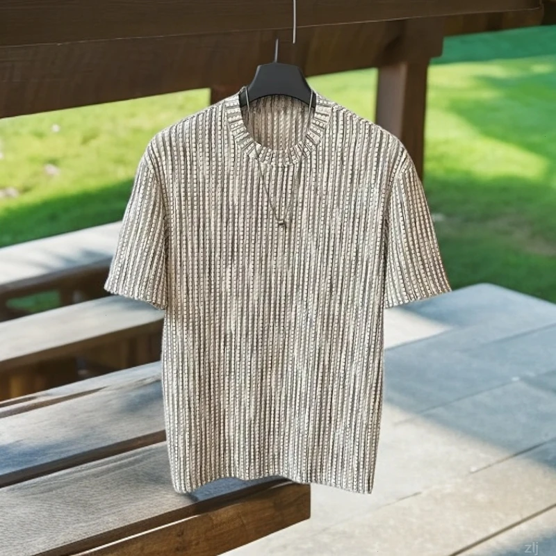 新款夏季老钱风镂空彩虹肌理感设计条纹半袖恤透气潮流宽松自营