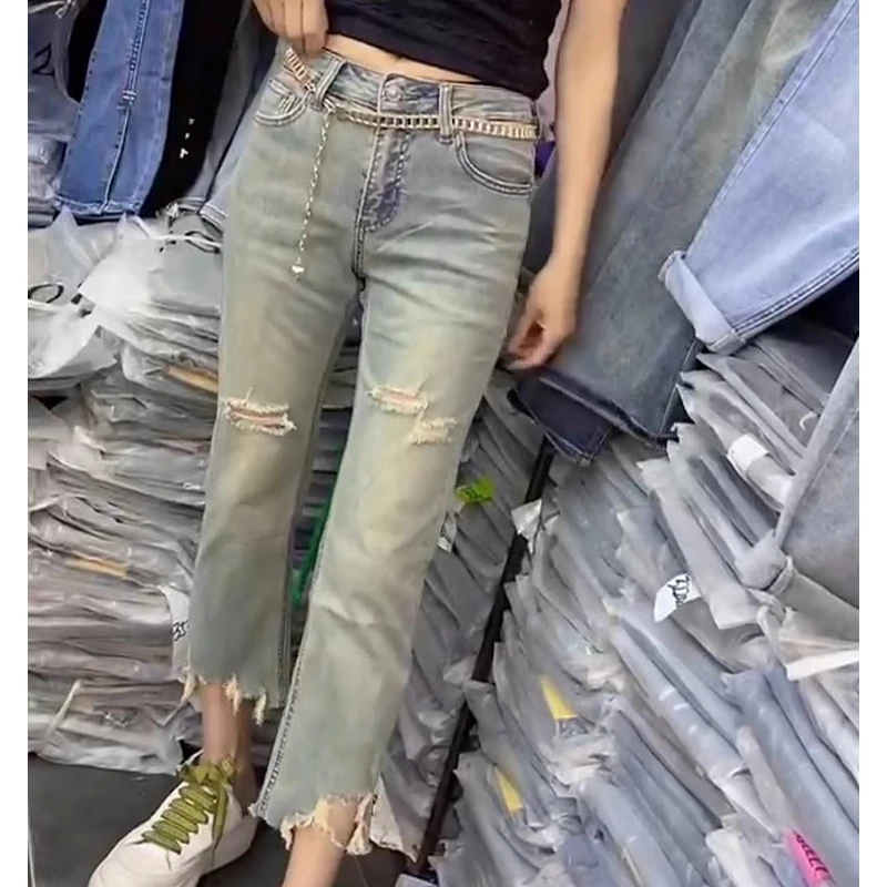 夏季薄款破洞直筒牛仔裤女2025年新款高腰显瘦小个子九分烟管裤子