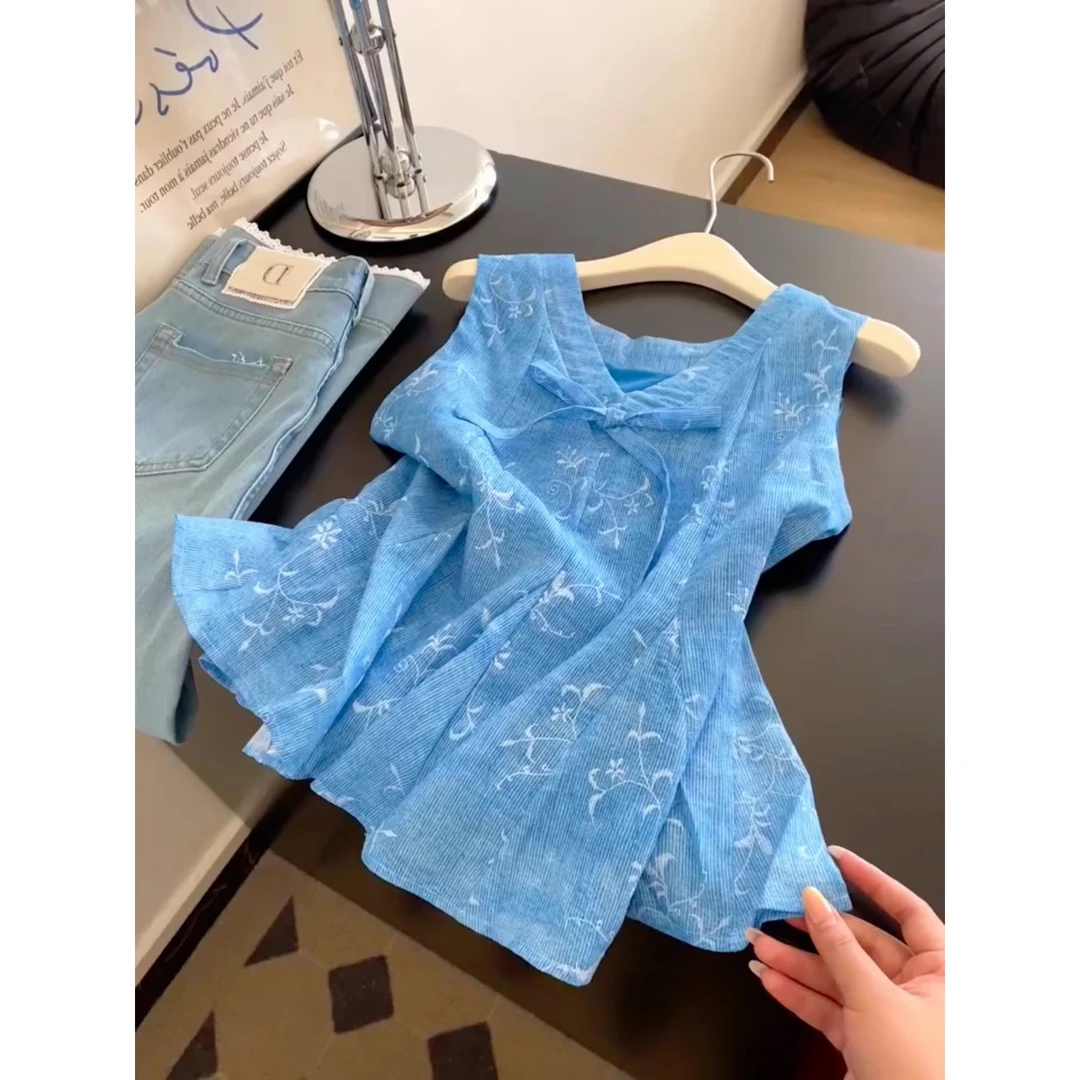 夏季时尚一整套女装2025新款高级感气质无袖蝴蝶结碎花吊带背心